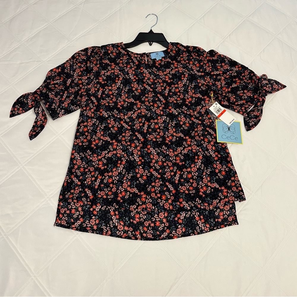 CeCe floral print tie-sleeve blouse
